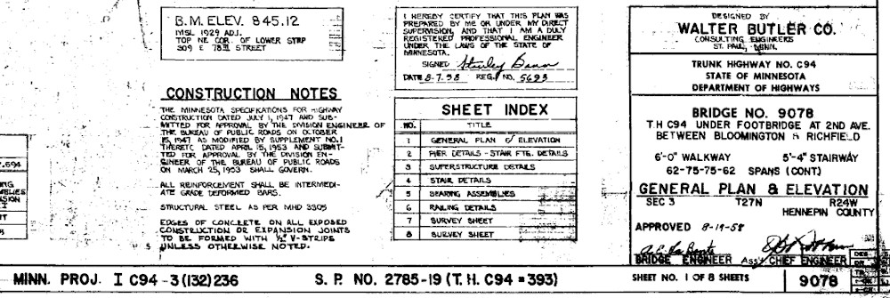 A close up of the bottom-right hand corner of the first page, showing construction notes and signatures from the chief engineer and bridge engineer.