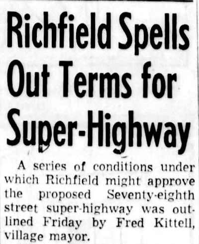 Newspaper headline that says 'Richfield Spells Out Terms for Super-Highway.'