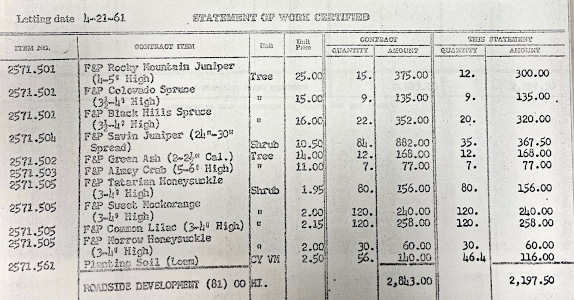 Statement of work that lists out trees and shrubs, and various prices for them.